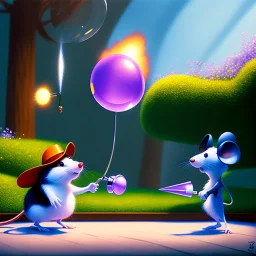 The mouse and the executioner discussing the future of the universe on bubble world, art by Pixar and Magritte