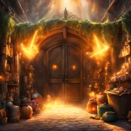 The entrance portal to a market for magical items with magic light rays and smoke and sparks. Epic. Dramatic, highly detailed, digital painting, masterpiece, lord of the rings, the hobbt