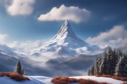 a snow-covered lonely steep massiv mountain reaching into the clouds. On top of the mountain is a long needle thin tower. seen from the bottom of a valley. fantasy concept art, exquisite realism, a masterpiece, dynamic lighting, hyper detailed, intricately detailed, deep color, Unreal Engine, volumetric lighting , Epic cinematic brilliant stunning intricate meticulously detailed dramatic atmospheric maximal,