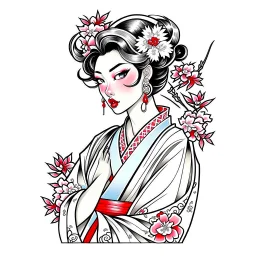 Tatto design Neotraditional style , Geisha with a Cherry Blossom Kimono, white background, tatto style, different angle