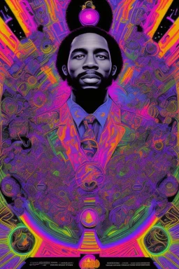 70s Black light poster design in the style of George Goode, featured “a black man rais[ing] his unshackled fist while the background bursts with fluorescent yellow flame.” neon fluorescent glow, psychedelic, bright, shimmering, fluorescent colors pop and sizzle, mystique, cosmic,