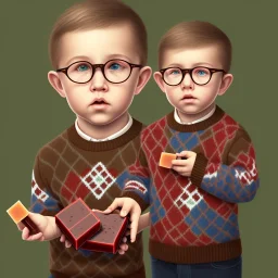 peter billingsley chubby kid with glasses, holding a ((Dark red))soap bar, ((brown))argyle sweater