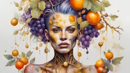 Punk woman 49 years old, hair made of Fruits, Grapes, tangerines, gold, gouache, watercolor, acrylic, paint drips, branches, fine drawing, golden makeup, bees, tattoo, alien, bright colors, double exposure, high detail, high resolution , 8K, 3D, bees,