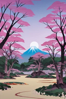 a land scape of Japanese garden, big moon, black starlight night , surrounded by cherry blossom trees, cel shading