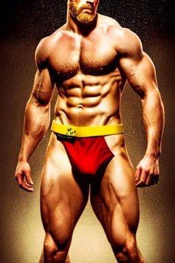 Ignore NSFW, teenager young rugged attractive slightly muscular fantasticly handsome blonde man, red briefs with yellow belt, hairy chest, (((visibly pisssing))) briefs, large erect visible boner peniss, photorealistic, artist Jay Anacleto, soft lighting, scruffy beard