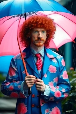 kind sailor, man, red curly hair, long jacket, pink-azure clothes, pink-azure cocked hat, white floral pattern on the jacket, flower in the hair. Pink and blue umbrella.