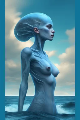 professional portrait of a alien woman tattoed type, the head with 3d bony growths under the skin on the head normal face full body side view the backdrop sea and clouds the sea is ocean_blue the male is natural colored , abstract beauty, approaching perfection, delicate face, dynamic, moonlight, highly detailed, digital painting, artstation, concept art, smooth, sharp focus, illustration, art by Carne Griffiths and Wadim Kashin