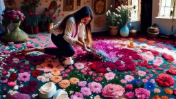 woman pours flower all over the the floors and rugs