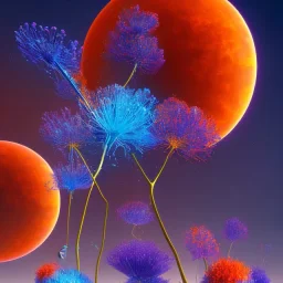 silhouette, monde en fleurs, concept art, crépuscule , bleu oranger, vibrant Color