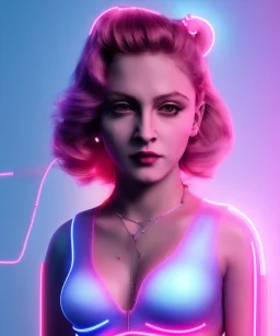 Artist, young madonna, android woman, glow iris, sweet, blonde, white skin, long eyeliner, pink cheeks, purpurin in face, glossy lips, color leds lights, cables, short hair, circuits, cyberpunk, latex coat, cyber punk, neon, portrait, studio photo, unreal engine 5, soft color, 16 bit, god lights, ray tracing, RTX, lumen lighting, ultra deatail, volumetric lighting, 3d, finely drawn, hd.