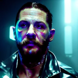 Actor, tom hardy, replicant man, blade runner style, rain, fog, neon ambient, gradient color, clean skin, circuits, latex coat, cyber punk, neon, tubes, portrait, studio photo, unreal engine 5, smooth color, 16 bit, god lights, ray tracing, RTX, lumen lighting, ultra deatail, volumetric lighting, 3d, finely drawn, hd.