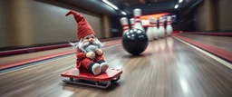 gnome on speeding on a sled in front of bowling ball heading for a strike, motion blur, heading for collision