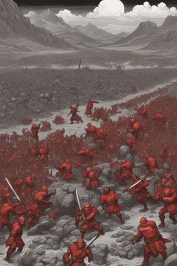 a red battle field with dead orcs