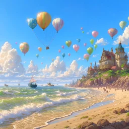 balloon painting is floating over a beach, in the style of raphael lacoste, rough clusters, ian mcque, rococo pastel, 32k uhd, detailed illustrations, grzegorz domaradzki