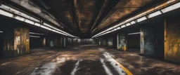 interior of abandoned underground subway terminal, liminal space, subliminal vibe, steely cold colors of rusty gray, steel grey, beige and black, sporadic tint ink leaks, perfect verticals, amazing parallels