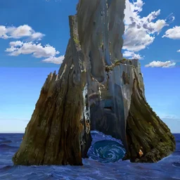 a giant burned out tree trunk emerging from the ocean, a whirlpool in the ocean