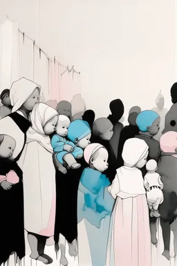 infantilized population; Ink Wash; black and white with baby blue and blush pink