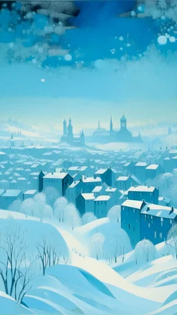 A cyan city in winter season with falling snowflakes painted by Raymond Duchamp-Villon