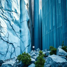 Stupenda immagine di un paesaggio naturale con marmi blu imponenti accanto a strutture artificiali verticali. Queste strutture sembrano pareti vertiginose riflettenti, come colonne di vetro, che creano un contrasto tra il naturale e l'artificiale. Gabbia brutalista si erge solitaria. Persona osserva. bianco con venature e solchi. Magma liquido nero. La scena trasmette un senso di sospensione e dialogo tra elementi organici. Dettagli degli delle rocce molto accentuati. Pini marittimi