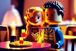 blonde lego girl and curly black haired lego boy eating lego pizza in an italian restaurant in candlelight