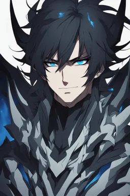 An anime adult male demon with dark, messy, black hair, black horns, and bright blue eyes, large dragon like wings