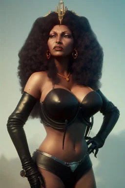 Pam Grier as evil queen in black leather, leather, busty, cleavage, angry, stern look. character design by cory loftis, fenghua zhong, ryohei hase, ismail inceoglu and ruan jia. unreal engine 5, artistic lighting, highly detailed, photorealistic, fantasy