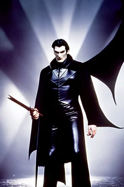 a tall, imposing Vampire, with broad shoulders and massive arms, Long, black hair, a nose that curves down like a vultures beak, a large, square chin with a large impression denting the center of it, extremely pale skin, dark, evil eyes, wearing a black leather jacket and pants with a black high collared leather cape, realistic lighting, Very accurate, full body portrait, eyes looking directly into the camera in dark dramatic lighting, realistic, photorealism, 4k, HD, Ultra-HD,