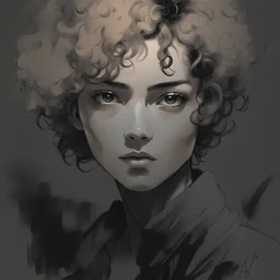 Portrait of a young female with short black curly hair, and tan skin color, drawn in Yoji Shinkawa style, black and white with a gray background.