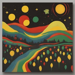 Starry night with Yellow colours and Red colours and Green colours