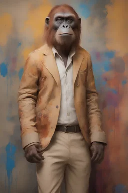 Doctor Zaius the orangutan from Planet of the Apes wearing a clean, thigh-length formal auburn-tan jacket, cream colored shirt, light auburn-tan khaki formal trousers and black slip-ons - extremely colorful, multicolored paint splattered wall in the background, oil painting by Leonardo da Vinci