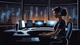 The image portrays a brown short hair woman sitting in front of her computer at night in t-shirt. She working in dark in a futuristic, hightech office. Pale lights, She appears to be focused on the task at hand. Her silhouette illuminated by the light of the monitor. There are multiple coffeecups on the desk, blur futuristic office background with pale light, realistic, deep colors, high detailed, sharp focus, perfect shot, professional photo