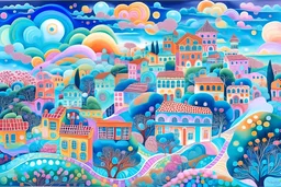 Psychedelic and happy representation of houses and buildings on soft colors with a heavenly vibe