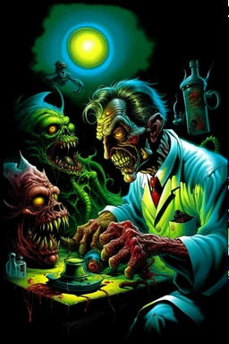 High_Quality_Art Digital Painting of Science experiment Horror surgeon Monster zombie creature by Richard Corben, Todd Schorr, T-Shirt Design, Black Background,