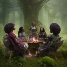 Octane render. Ultra realistic photo .a group of women.five young black women sitting around a fire. Black Sisters. Sitting and Standing together. the face of A young black woman. A wood nymph emerging from the forest. Her hair looks like vines. Dreadlocs. Her skin is the colour of dark soil. Her skin looks like tree bark. Her clothing is made of vines, grass and leaves.