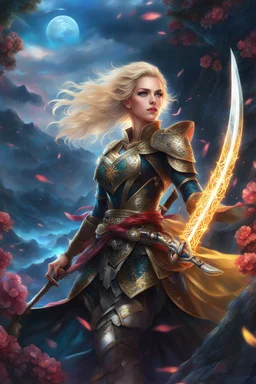 (masterpiece, top quality, best quality, official art, beautiful and aesthetic:1.2), (1girl), extreme detailed,(fractal art:1.3),colorful,highest detailed,zoomout,blonde girl,perfecteyes, background sky full thunder, holding_katana, wear fantasy armor,morgan le fay