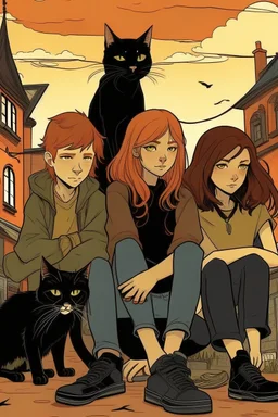 Act like a book cover designer. Use natural style. Grimmy black cat and three teenagers (13-15 years old) - two boys with ginger hair and frickles on their faces and a girl with brown long hair. Environment: old town.