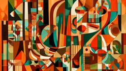 Earthy colors and bold geometric shapes in an expressionist pictorial composition.