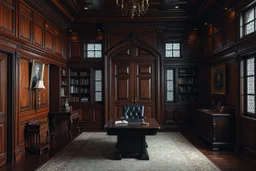 Picture of a study with mahogany panelled walls, a large desk and a heavy wooden door, photorealistic, dark fantasy, 4k