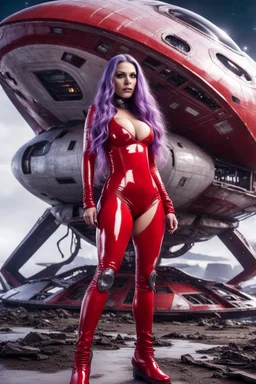 White woman with long purple hair, a good, athletic body, nice legs, and a large bust, dressed in a red latex mini suit and white boots, stay in an alien-like technological ship, with a destroyed spaceship in the background.