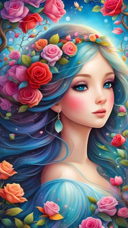 illustration art, by Jeremiah Ketner, high detailed, high quality, 4k. The whisper of the wind among the tree branches is a melody that the spring girl harmonizes with, and the vibrant colors of paradise shine in her eyes. In the midst of a colorful garden, a girl with long hair adorned with rose flowers walks like a symphony of beauty and delicacy. With a dream in her heart, an imagination in her mind, the spring girl with a bright smile dances in the path of the wind, among the flowers and cre
