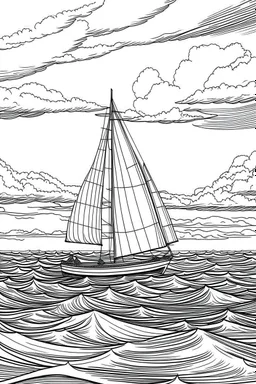 A sailboat glides gracefully across the endless expanse of a tranquil, azure ocean, its sails billowing in the gentle breeze. The vastness of the open sea stretches as far as the eye can see, offering a profound sense of boundless freedom and adventure..coloring book page, simple and clean line art, adult drawing book, black and white, crisp black lines, no shades, sharp lines, coloring book for adults, cartoon style, landscape