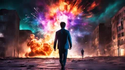 Young man walking towards a building that is exploding at night, with coloured auras around him