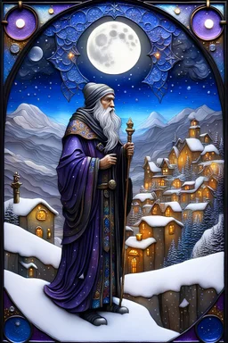 3D embossed textured ethereal image; bleak, dismal style, midnight hues, black, blue, purple, copper, yellow, gold, silver; hermit with a detailed, wizened old face and an ornate staff stands on a snowy cliff gazing across a celestial valley at a faraway village; stained glass, agate with silver foil highlights, snowflakes, sparkles, full moon, nebula sky, stars, pearls, shooting stars, sequins, cut gemstones, beads, glitter, crystals, sharp lines, extreme attention to detail
