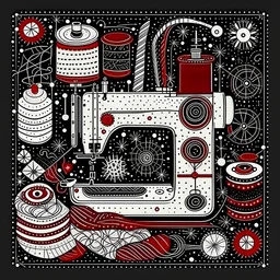 a Christmas card in a graphic retro style, a sewing machine and made of tailoring accessories, threads, buttons. Red, white and black colors. Christmas elements, stitching