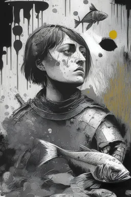 Au centre de l'image je voudrais Jeanne d'Arc en noir et blanc et autour beaucoup de couleurs avec des poissons, des déchets, des tâches de peinture, des bulles de bd, des poilus de la première guerre mondiale
