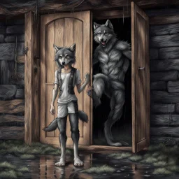 fantasy digital art of a sad face young anthro wolf in gray hairy wolf body gray paws, and wears just a short canvas rag around her waist , she falls to the ground in the rain kicked out of the house falls towards from the camera, behind her an tall angry anthro wolf man just in dark gray body hairy kicks she out the door with his foot, behind in rustic halb open door in an massive wooden house, rainy day, detailed, fantasy mood