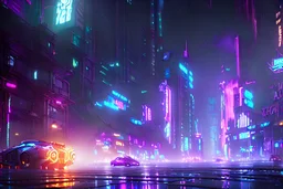 Cyberpunk district with giant foggy skyscarpers, cars, FoV: 100, HD, Unreal Engine 4, heavy rain, rainy streets reflection, neon signs, low contrast, grainy, less color, titanfall,