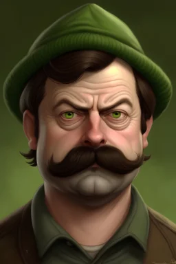 portrait of a young goblin with a mustache that looks like ron swanson and wearing a flat wool cap