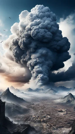 Fantasy world experiencing earth-shattering earthquake. The sky is clouded with smoke and ash