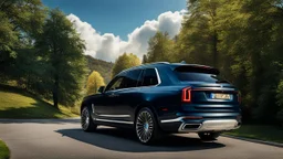 A sleek rear view of (((a cross of bmw and rollsroyce cullinan))), on street, with hill and trees around, a beautiful clouds and sunny weather, 4K, Superdetailed, No mistakes